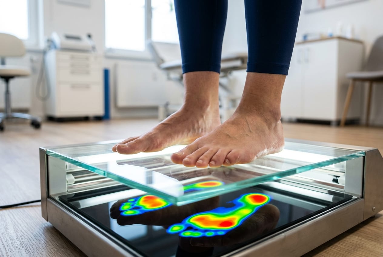 Druckverteilung und Fußstatik bei der funktionellen Analyse auf der Glasplatte