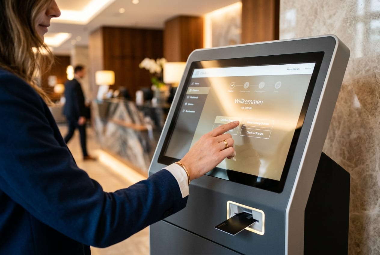 Gast bedient einen Check-in-Automat zur schnellen Schlüsselkartenausgabe im Hotel